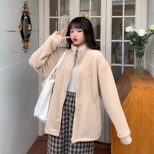 Warm Thick Wool Fleece Embroidered High Collar Zip-up Sweater for Women, Insulated Plush Outerwear