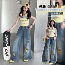 品质原创大量现货女童牛仔裤秋季新款美式复古破洞阔腿裤