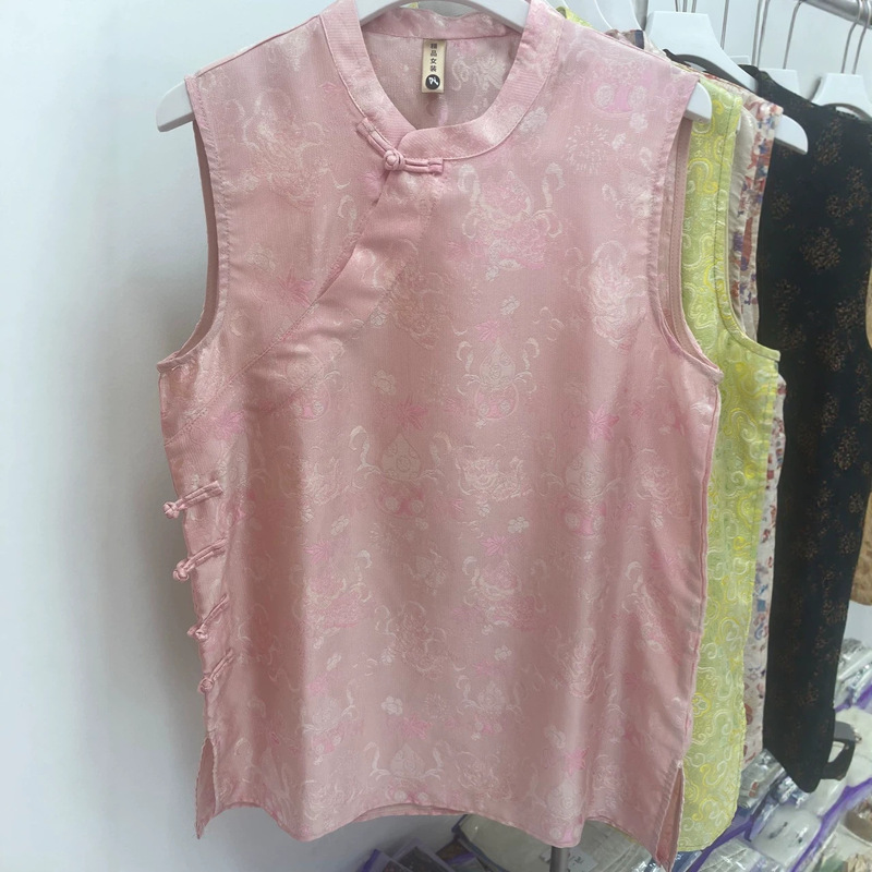 New Chinese-Style National Style Shiny Jacquard Rayon Xiangyun Silk Shirt for Women, Summer New Model, High-End Feel, Young-Style Qipao Vest Dress
