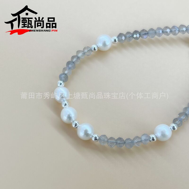 灰色月光石珍珠手串手工编织绳女款优雅单圈手链可延长白月光饰品|undefined