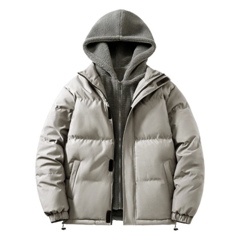 Invierno de moda de Hong Kong estilo de los hombres guapo falso de dos piezas con capucha de algodón acolchado abrigo de grasa más tamaño engrosada cálido abrigo de algodón acolchado