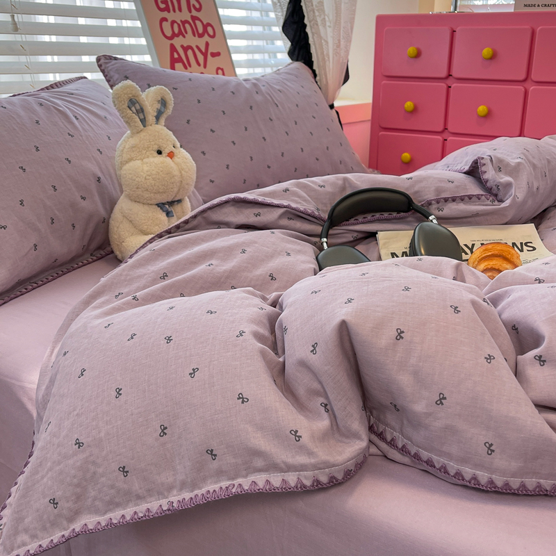 Ins Taro Purple Cotton Double-Layer Gauze Bowknot Bed Four-Piece Set 100% Pure Cotton Duvet Cover Bed Sheet Fitted Sheet Three-Piece Set