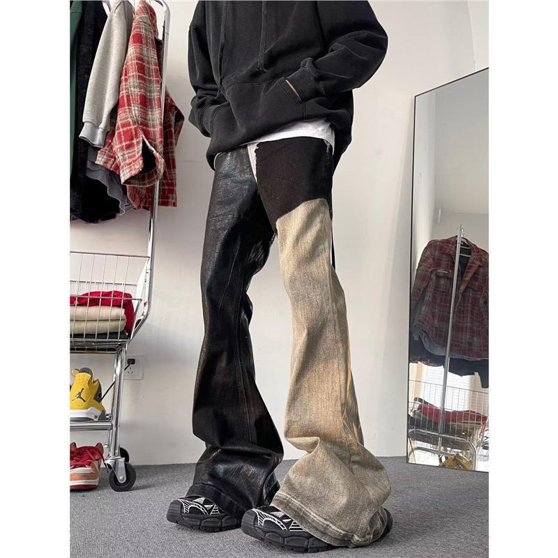 Waste Soil Style Old Washed Stitching Coated Wax Pants Wide Leg Micro La Gao Street Niche Stacked Jeans Men's All-match