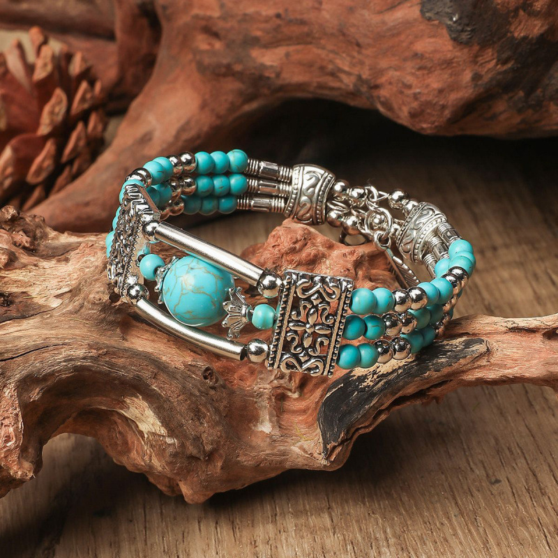 European and American Bohemian Style Hollow Retro Bracelet Ethnic Style Turquoise Leaf Bracelet Women's Versatile Hand Jewelry