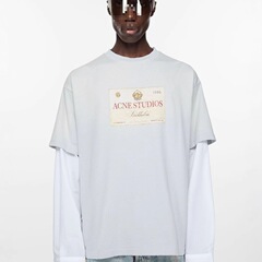 高バージョン新製品早春新レトロ 1996 新しいプリントカジュアルルーズフェイクツーピース長袖 Tシャツ男性用