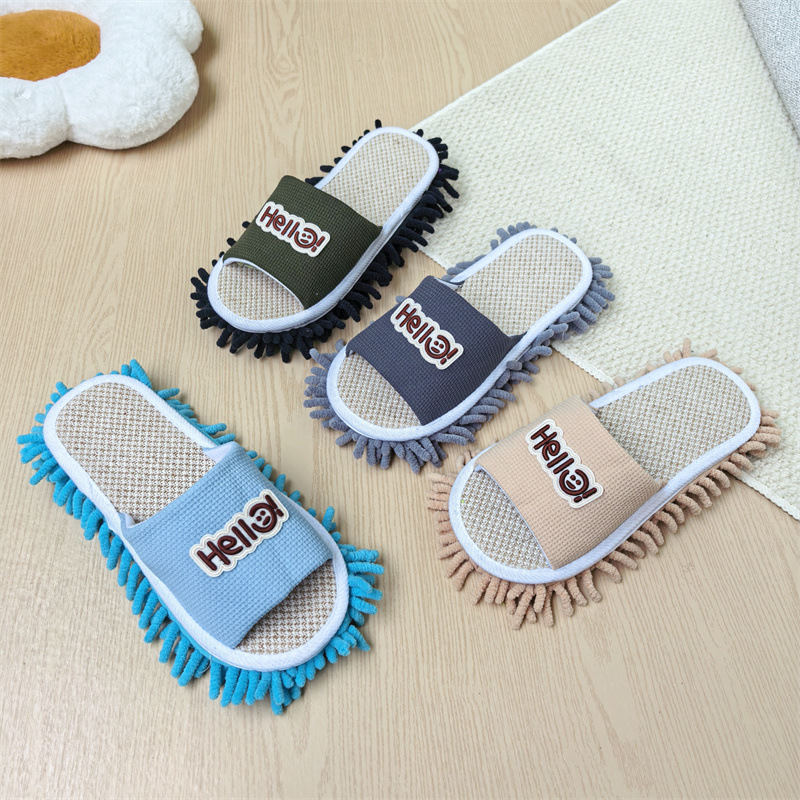 Korean-style English linen lazy floor cleaning slippers, indoor silent wood floor cleaning mop slippers, detachable and washable for men