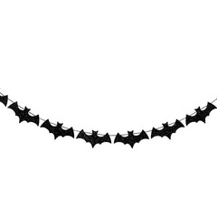 黒い輝くコウモリの花輪が旗を引いてハロウィーンパーティーの装飾を飾っている