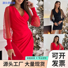 2023独立站wish亚马逊爆款 秋冬新款V领蕾丝长袖包臀收腰连衣裙女