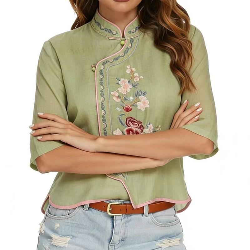 New Chinese-Style Retro National Style Cotton and Linen Embroidered Shirt for Women, Spring and Autumn 2026 New Model, Zen-Inspired Tea Attire, Improved Hanfu Blouse New Chinese-Style Retro National Style Cotton and Linen Embroidered Shirt for Women, Spring and Autumn 2026 New Model, Zen-Inspired Tea Attire, Improved Hanfu Blouse