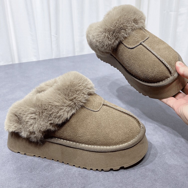 Furry Thick-Soled Platform-Soled Cotton Slippers for Women 2025 Winter New Outer Wear Heightening Toe-Toe Slippers Fleece-Lined Snow Boots