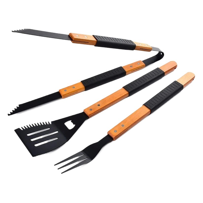 Barbacoa Barbacoas barbacoa herramientas traje al aire libre barbacoa herramientas portátil mango de madera Acero inoxidable parrilla en stock