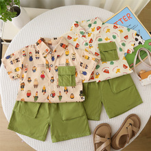 五小七童装2025夏款新款0-4岁中小童男女童青蛙小熊短袖衬衫2件套