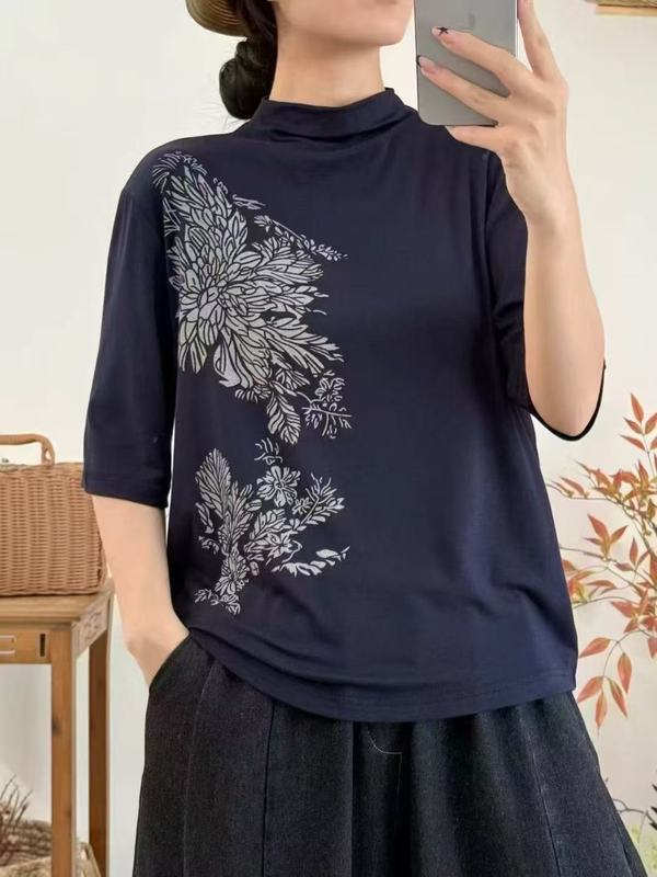 2025早秋 韩版宽松文艺复古半高领印花五分袖套头打底衫百搭T恤女|undefined