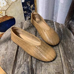 牛革バージョン～新作春秋ニッチデザインソフトレザーシューズレディース浅底快適織り靴おばあちゃん靴ひしゃく靴