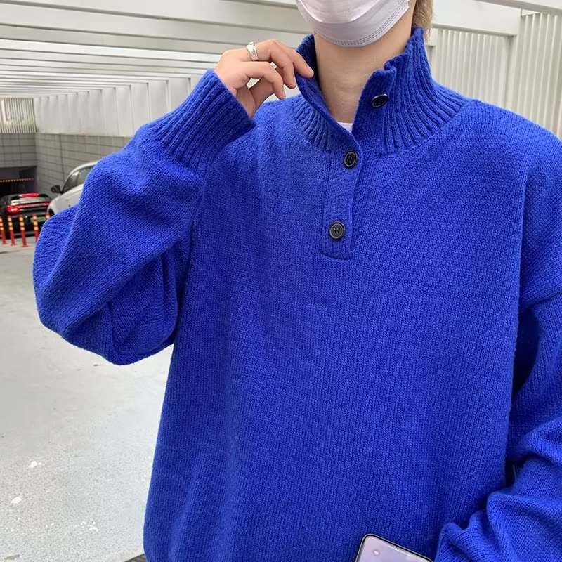 Otoño retro japonés simple hombre solapa botón base color sólido todo-fósforo suéter de punto polo suéter marea