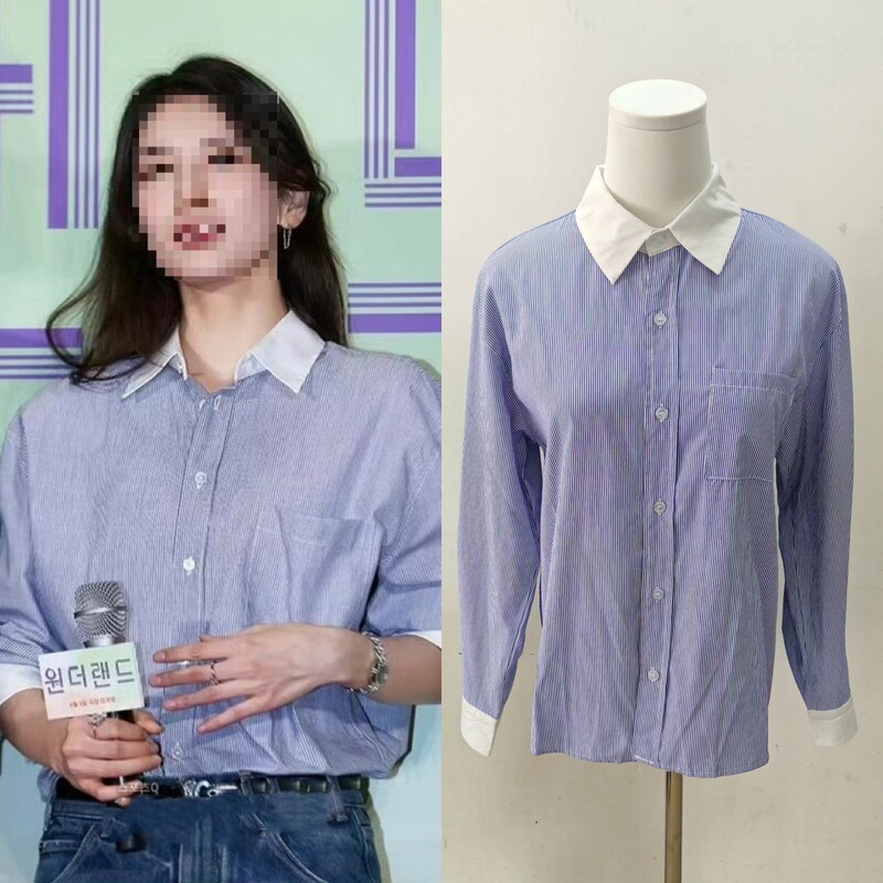Long-Term In-Stock 2026 Autumn Park Soo-Ji Celebrity-Inspired Niche Style Striped Shirt, Relaxed Loose Long-Sleeve Shirt