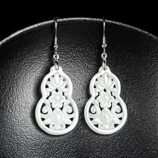Natural Burma A Jade Gourd Earrings S925 Silver Set with Ice Jade Earrings Antique Women's Earrings Earrings