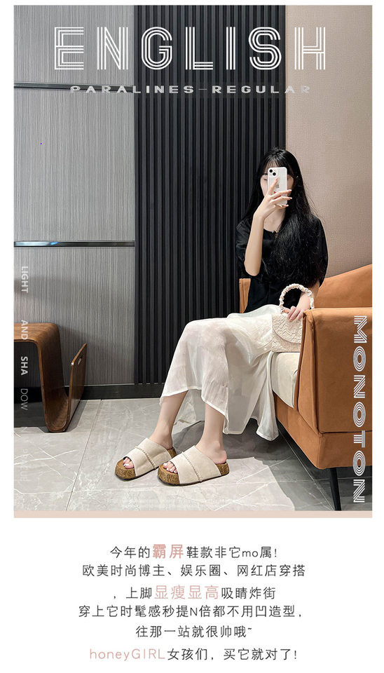 Dép sandal nữ quai ngang đế dày bằng gỗ bần, mũi vuông, đi ngoài trời — Màu khoai môn, Màu vàng gừng, Màu xám nhạt chi tiết 3