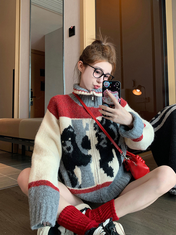 撞色立领毛衣外套女秋冬加厚洋气减龄软糯慵懒风外穿针织开衫上衣|undefined