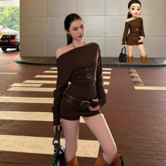RHGD实拍2025辣妹一字肩长袖连衣裙女纯欲修身显瘦气质短裙套装