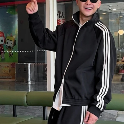 秋季新款美式撞色三条杠运动男卫衣休闲立领外套裤子潮流时尚套装|undefined