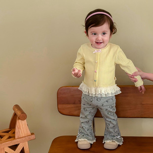 Girls Korean Style Tops 2025 New Autum Kidsren's Autum Clothing Baby Girl Sweet Bow Colorful Button Rib Jacket