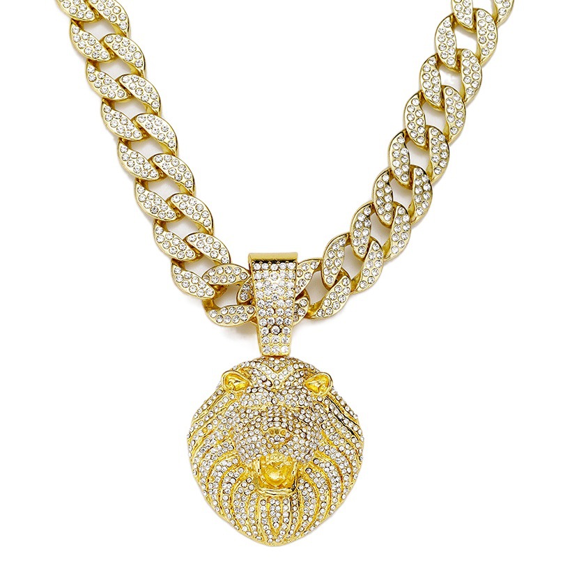 Collar de cadena cubana con colgante de cabeza de león estéreo de diamantes completo personalizado para hombre, cadena de clavícula de moda hip-hop europea y americana
