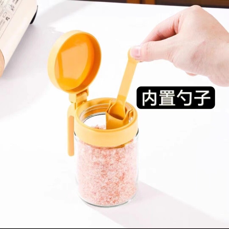 食品级高端厨房耐热玻璃盐罐翻盖设计一体式勺盖密封防潮坚固耐用|undefined