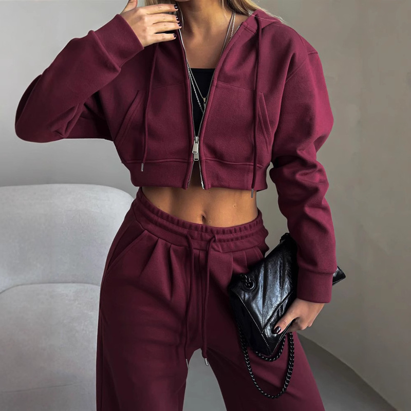 European and American Amazon New Casual Suit Women's Solid Color Short Waistless Hooded Cardigan Lace-Up Sweatpants Two-Piece Set European and American Amazon New Casual Suit Women's Solid Color Short Waistless Hooded Cardigan Lace-Up Sweatpants Two-Piece Set