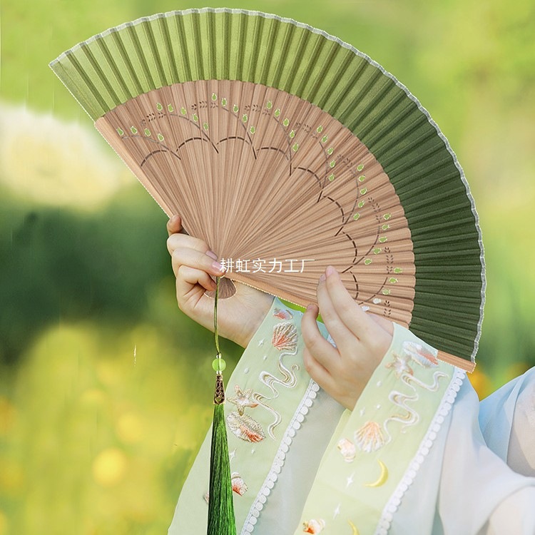 新中式旗袍折扇中国风女扇渐变色汉服扇子夏季便携折叠古风小扇子