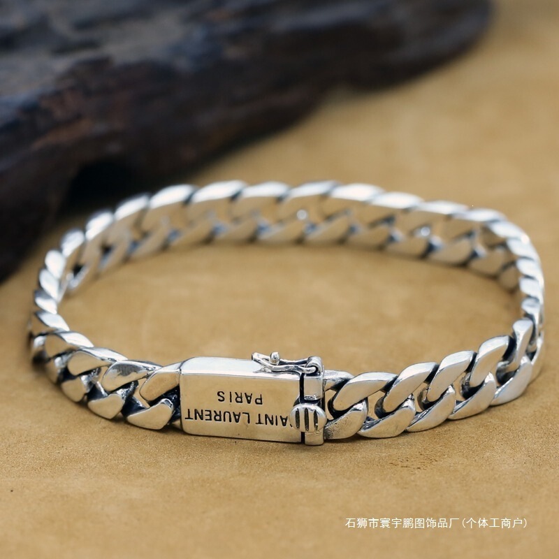 925 Sterling Silver Simple Plain Silver Chain Korean Style Couple Engraved Bracelet Thai Silver Men's Cuban Chain Personalized Gift