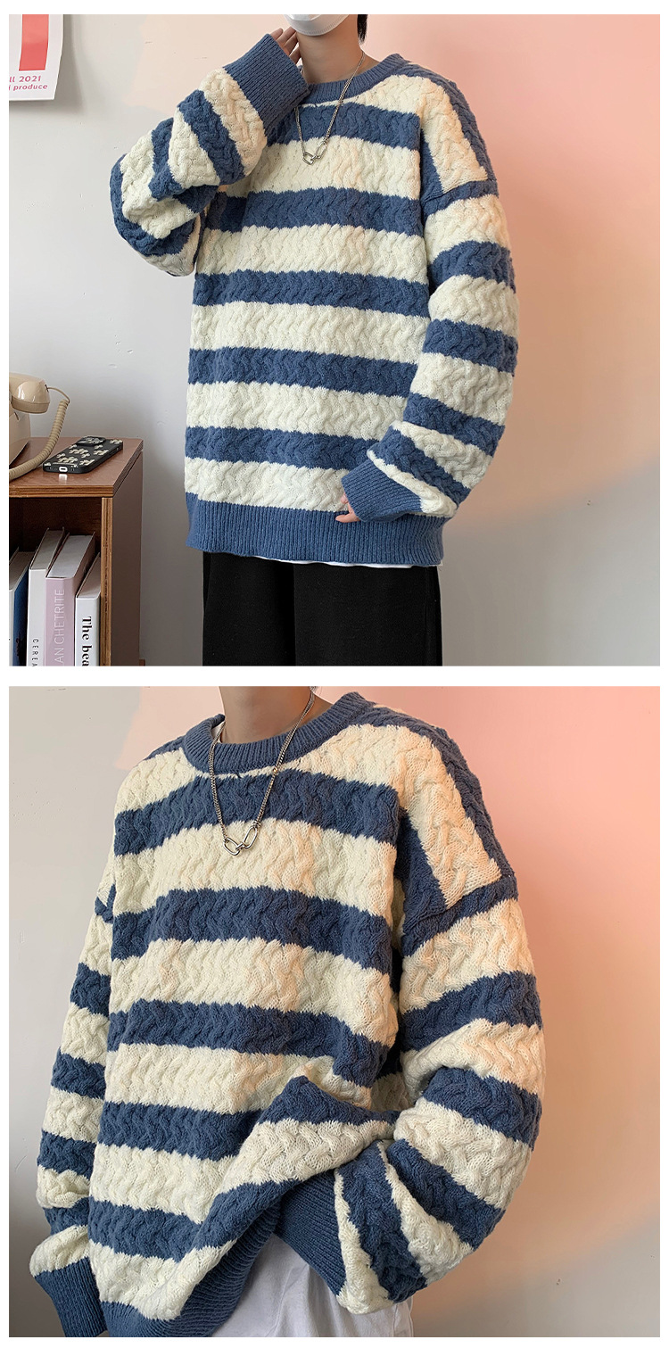 Men's Striped Sweater For Men Oversized Crew Neck Knit Jumper_voghion.com