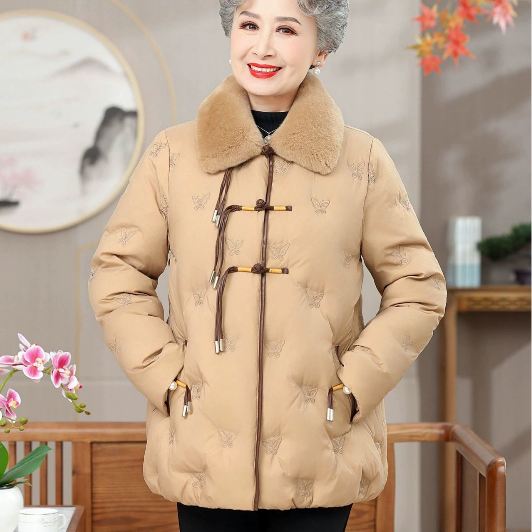 Модный благородный пуховик средней длины, женский осенне-зимний пуховик средней длины для женщин среднего возраста, новая осенне-зимняя куртка из белого утиного пуха для средних и пожилых людей