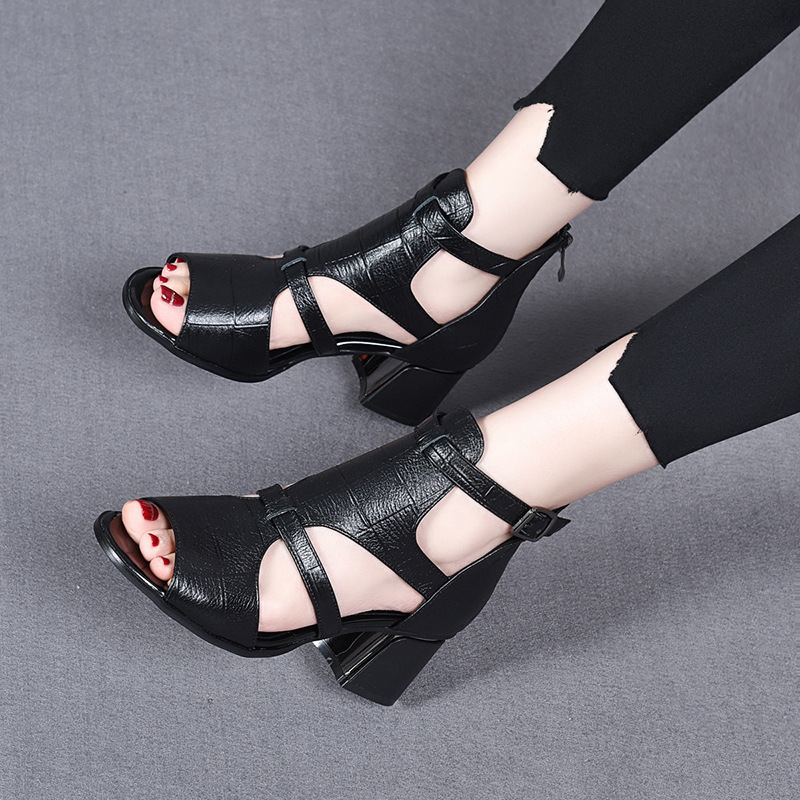 Sandal cao gót nữ da thật mũi hở kiểu Pháp gót vuông 9 cm — Màu nâu