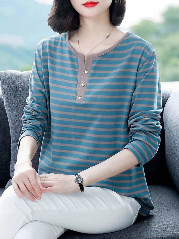 条纹纯棉长袖T恤女春秋薄款2025新款洋气中年妈妈加肥加大码上衣|undefined