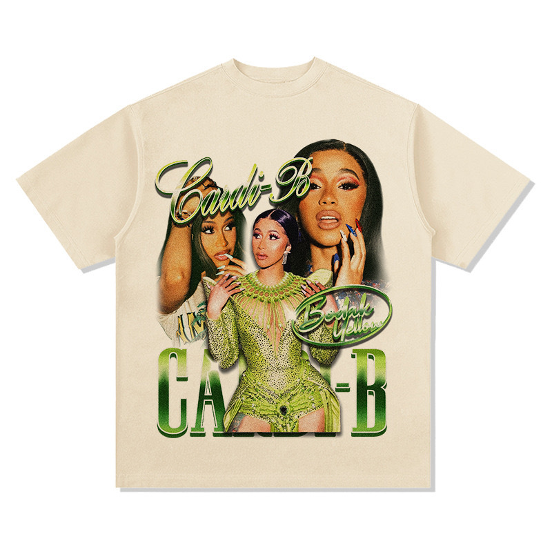 Tarjeta hermana Cardi B Europa y América hip-hop rap americano street hip-hop marca de moda estampado retro desgastado lavado manga corta