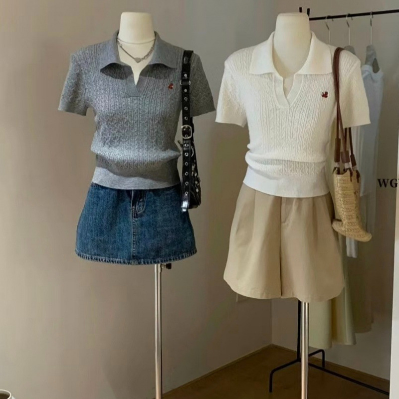 春夏新作女子学生風甘め若見えおしゃれ刺繍ケーブル編み半袖アイスシルクポロニットセーター|undefined