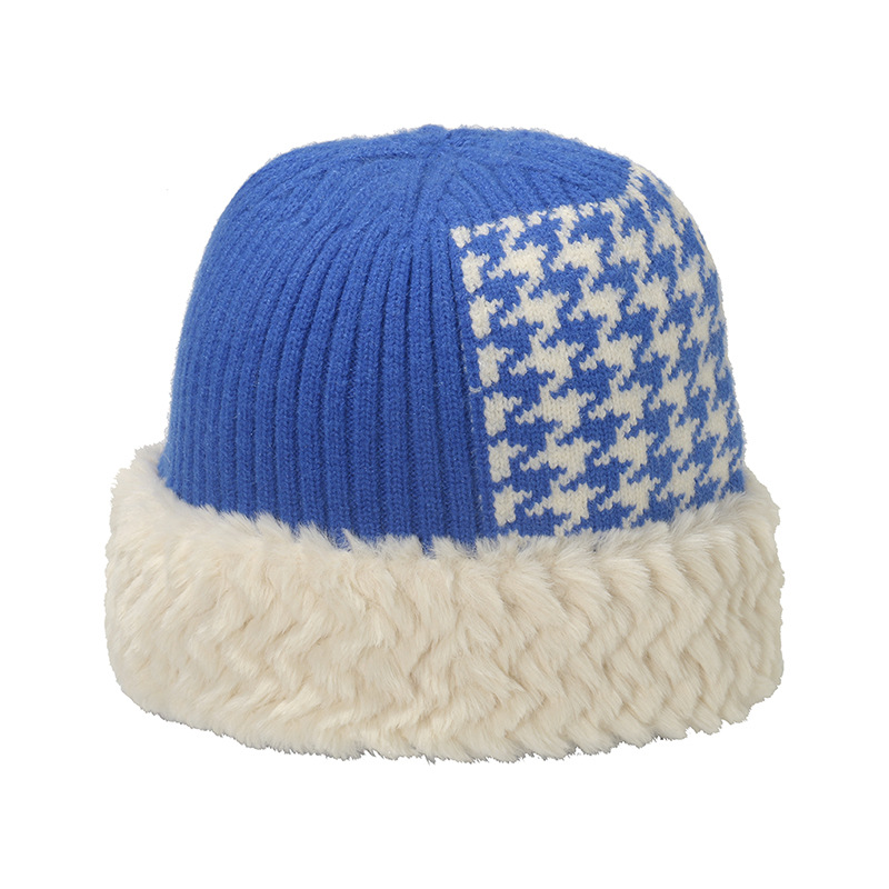 Koreansk version trend tusind fugl plaid patchwork fiskehue plys varm hue vinter strikket hue børn_voghion.com