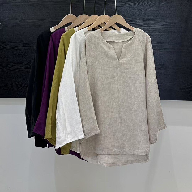 2025 Spring New Style Retro V-Neck Shirt for Women, Loose Plus Size Pullover Fully Hemmed Shirt Top