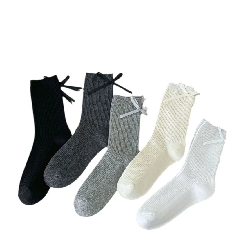 Thin Japanese black summer white knee socks with bow, mid-length