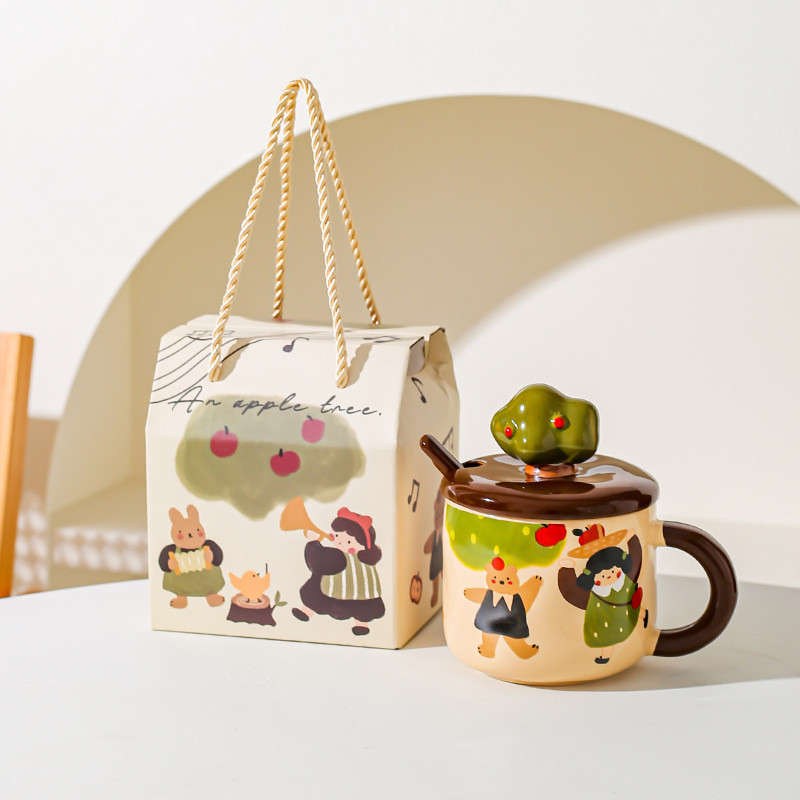 Apple Tree Girl cerámica vintage taza de alto valor con cuchara de cubierta taza de agua de oficina taza de café taza de desayuno