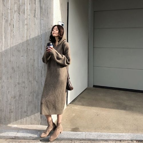 秋冬加厚连帽毛衣连衣裙直筒宽松长款外穿针织裙长裙休闲打底衫春|undefined