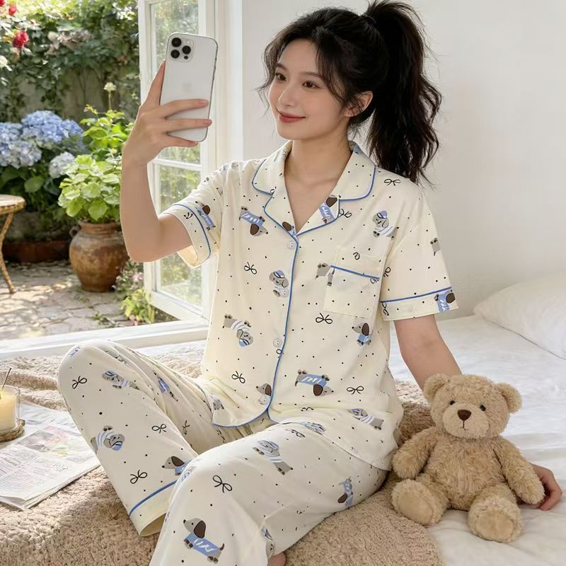 Nube de algodón pijama de mujer impresión suelta delgada pantalones de manga corta de dos piezas pareja se puede usar ropa de hogar grande