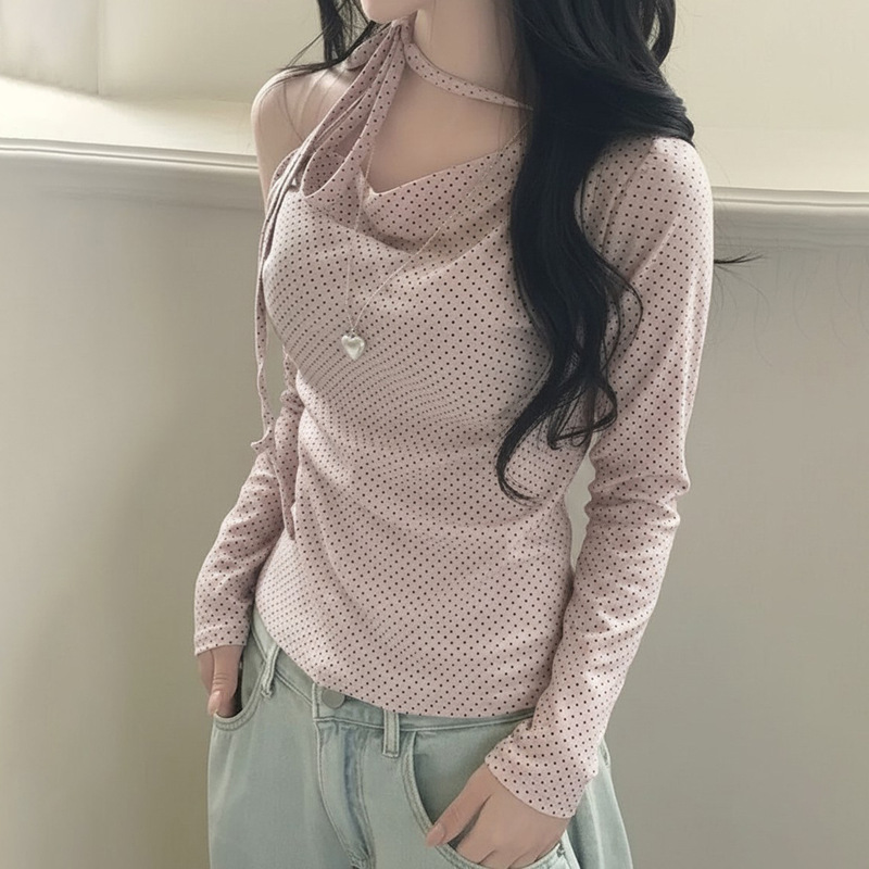 欧美新款女装ins风甜美少女波点露肩修身长袖T恤绑带设计休闲上衣|undefined