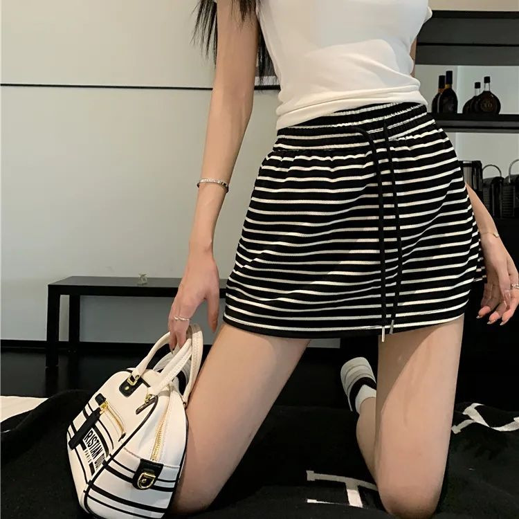 松紧腰抽绳A字短裙女装夏季2025新款韩版简约运动休闲条纹半身裙