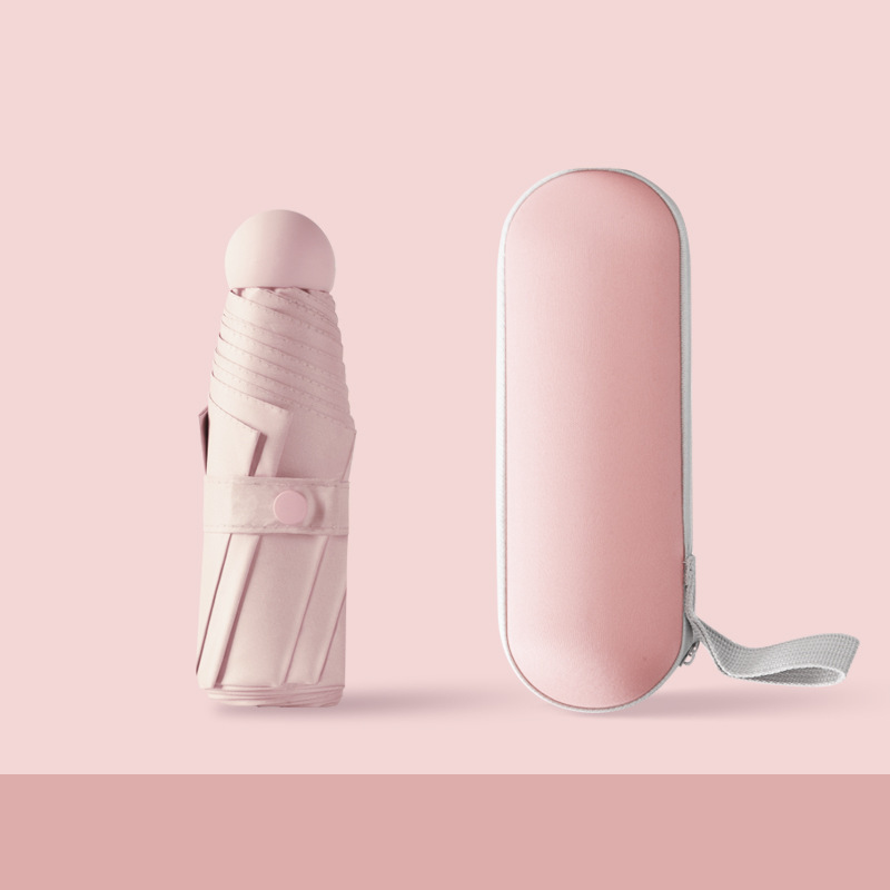 ピンク丸五つ折り黒ゴム傘（カプセルケース付き）