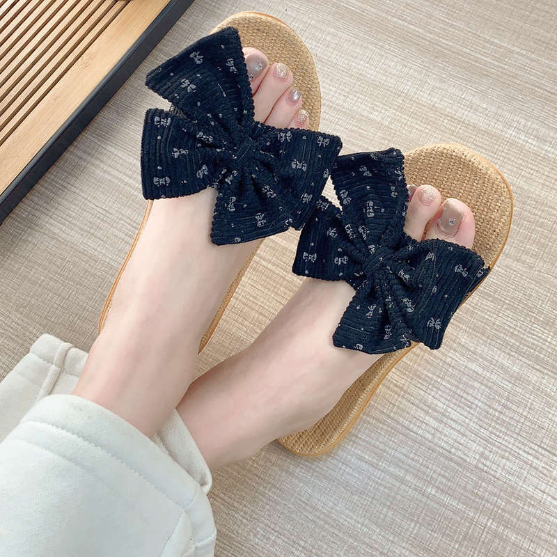 2026 New Style Linen Slippers for Women with Soft Soles and Cute Bows for Home Use on Indoor Wooden Floors, Summer Non-Slip Slippers