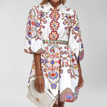 2025亚马逊欧美女装春季新款民族风波西米亚印花灯笼袖翻领连衣裙