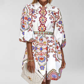 2025亚马逊欧美女装春季新款民族风波西米亚印花灯笼袖翻领连衣裙