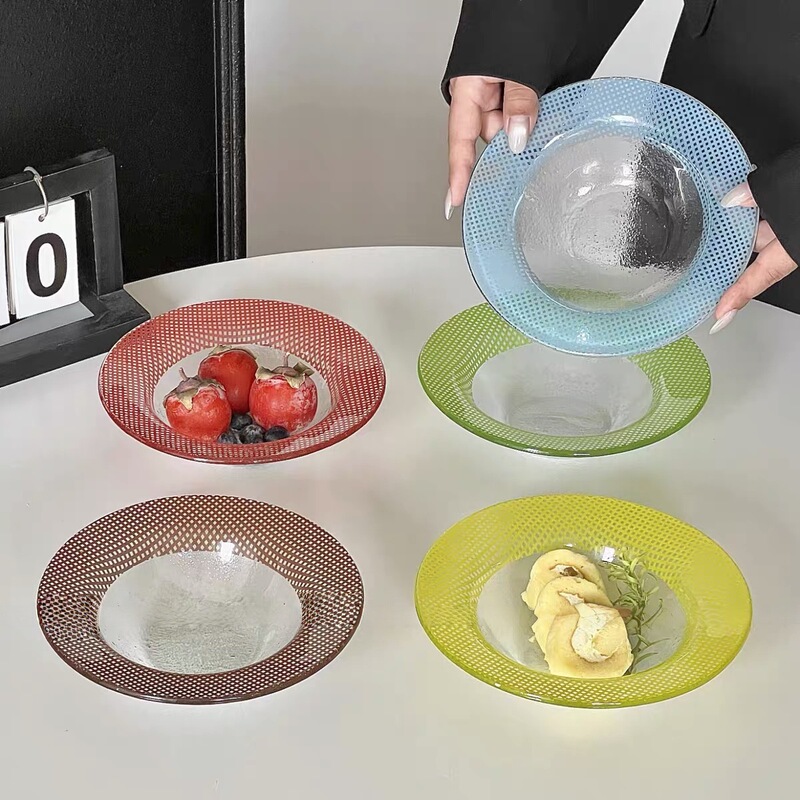 Dopamine Plaid Colorful Round Glass Plate Colorful Decorative Retro Creative Yogurt Bowl Fruit Bowl Snack Bowl